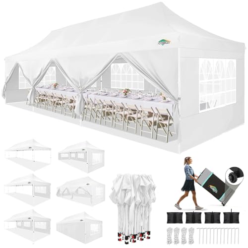 COBIZI 10x30 Pop up Canopy with Roller Bag & 8 Removable Sidewalls, Canopy Tent for Parties, Wedding, and Commercials, Waterproof and Instant Shelter UV50+ Outdoor Gazebo with 4 Sandbags(Pure White) - color: Pure White, size: 10x30FT