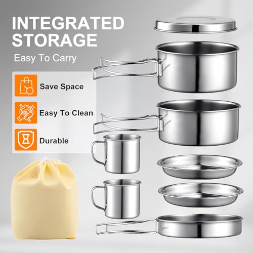 Stainless Steel Camping Cookware Mess Kit - Portable Backpacking Cooking Set with Pot/Plates/Cups & Storage Bag, Outdoor Cookware for Hiking, Picnic, Camping & Backpacking Adventures（8PCS）