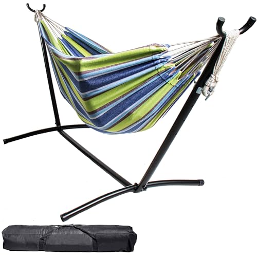 Backyard Expressions Double Camping Hammock with Steel Stand & Carrying Bag, Adjustable Height, Ultra Soft Cotton Blend, 550 lb Capacity, Indoor & Outdoor Portable Hammock - color: Verdant Bay
