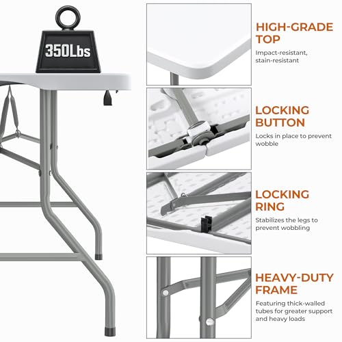8Ft Foldable Table Portable Plastic Folding Table with Safety Locks, Lightweight & Durable for Parties, Dining, Weddings, Events, Picnics,Indoor & Outdoor Use (White, 8FT) - color: White, size: 8Ft