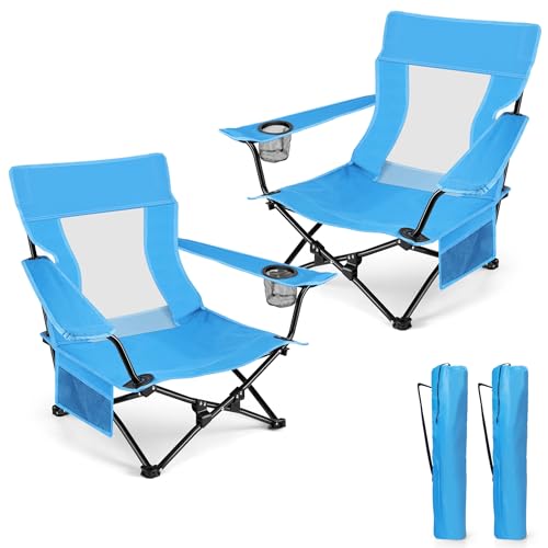 HaSteeL Folding Beach Chair Set of 2, Foldable Blue Camping Chairs for Outside, Low Beach Chair Portable for Adults Fishing, Picnic, Outdoor BBQ, Travel, Sports, Cup Holder & Storage Bag - color: Blue Chairs