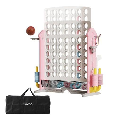 UNICOO Adjustable Height Giant 4-in-a-Row Game with Carry Bag, 4-in-1 Jumbo 4-to-Score Yard Game with Basketball Hoop, Ring Toss & Golf Set, Indoor Outdoor Family Party Game for Kids & Adults - color: Pink & White