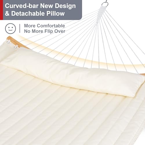 Outdoor Hammock with Stand Included, Two Person Hammock with Curved Spreader Bar, Pillow and Portable Bag, 450 Lbs Capacity, Beige - color: Beige