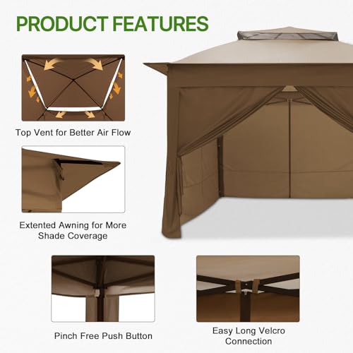 COOS BAY 11x11 Pop Up Gazebo with 4 Sidewalls, Instant Outdoor Canopy Tent with UPF 50+ UV Protection, Water Resistant Shelter with Carry Bag, Stakes & Ropes, Brown - color: Brown