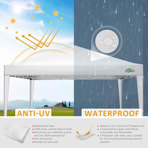 COBIZI 10x10 Pop Up Canopy Tent with 4 Sidewalls Party Tents Waterproof UPF 50+ Commercial Instant Outdoor Events Tent for Parties Markets Backyard, Ropes（10 x 10 ft White - color: White, size: 10x10FT with 4 sidewalls