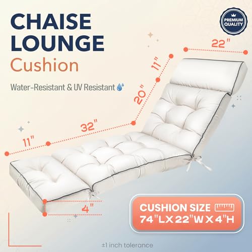 MAGIC ELEPHANT Chaise Lounge Cushion Outdoor, Memory Foam Patio Lounge Chair Cushion with Ties for Indoor Outdoor Furniture, Water-Repellent Replacement Long Chair Cushion (Antique White) - color: Antique White
