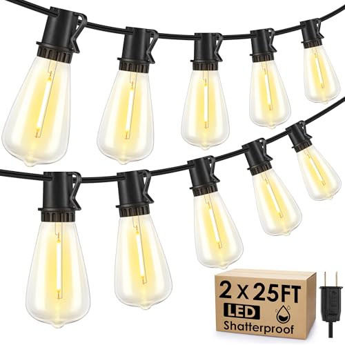 Larkvue 50FT(2x25FT) Outdoor String Lights, Patio Lights with 20+2 LED Dimmable Waterproof ST38 Vintage Bulbs for Backyard Bistro Cafe Deck, Black - color: Black, size: 50FT