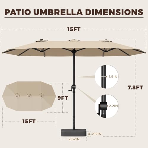 GDPFN 15FT Large Patio Umbrella with Base Included, Outdoor Deck Standing Umbrella with Crank Handle, Double-Side Rectangular Pool Umbrella for Outside, Market, Patio, Beige - color: Beige, size: With Base-no Led