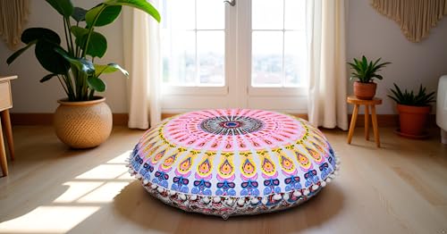 CRAFT KALA 22" Floor Pillows Cover for Sitting, Large Meditation Cushions Cover for Adults, Bohemian Mandala Round Pouf Seating Ottoman Cover for Outdoor Yoga and Living Room Pink Yellow Floral - color: Pink Yellow Floral, size: 22"