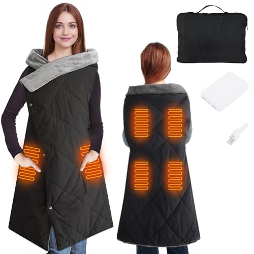 Outdoor Heated Blanket with 10000mAh Power Bank, Battery Operated Cordless Electric Heating Throw with 3 Heat Settings, Fast Heating Wearable USB Throw for Camping, Travel, Office & Home Use Black - color: Inky Black