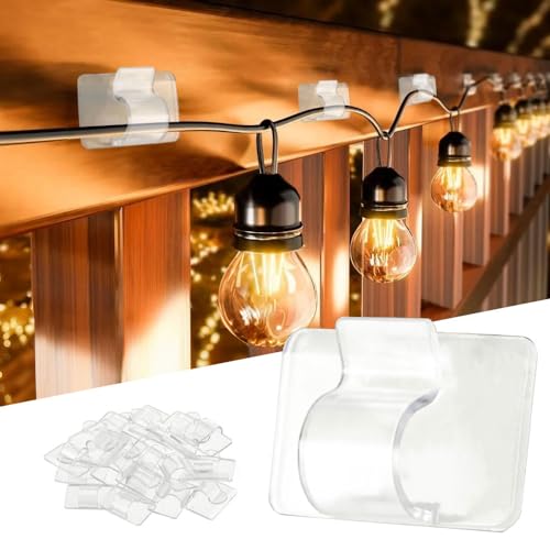 Dazzle Bright Hooks for Outdoor String Lights Clips, 30Pcs Heavy Duty Cable Clips Waterproof Adhesive Strips for Hanging Christmas Light, Outside UV-Resistant Clear Sticky Cord Holders Rope Organizer