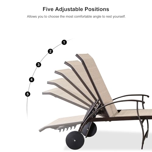 PURPLE LEAF Outdoor Chaise Lounge Chair Set of 3 Patio Pool Lounger Aluminum Chairs with Side Table and Wheels Adjustable Tanning Recliner for Outside Backyard Yard Deck Balcony Beach Khaki - color: Khaki, size: 2 Chairs with Wheels & 1 Table