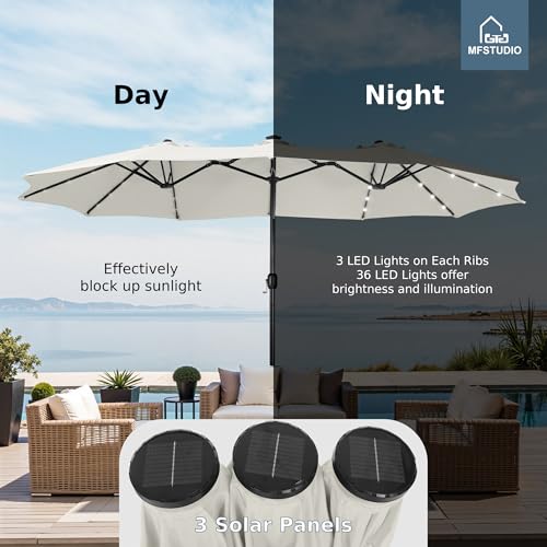 MFSTUDIO 15ft Double Sided Patio Umbrella with Solar Lights, Outdoor Large Umbrellas with Crank Handle and 36 LED Lights, Rectangular Market Umbrella with Base Included for Deck Pool Shade, Ivory - color: Ivory
