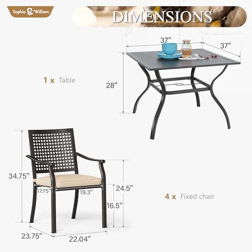 Sophia & William Patio Table and Chairs Set, Outdoor Dining Set for 4, 5 Piece Metal Patio Furniture, 37" Black Square Table(Beehive) - color: Beehive, size: 37"