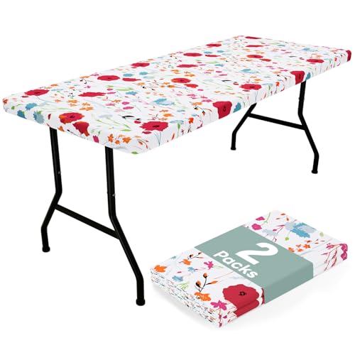 misaya 2 Pack Vinyl Tablecloth, Fitted Table Cover, 100% Waterproof, Elastic Edge, Flannel Backing, Plastic Table Cloth Fit 6 Foot Folding Tables for Picnic, Camping, Outdoor (Flowers, 30x72 inch) - color: Off White, size: 72" X 30" (Rectangular)- 2 Pack