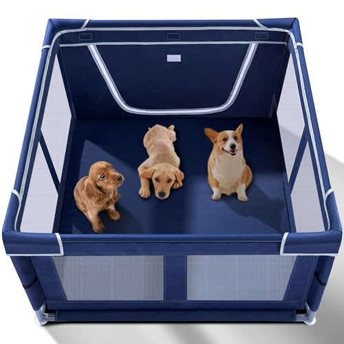 Puppy Playpen Indoor for Dog Small Pets, Dog Playpen 42x42 x25 inch, Dog Play Pen Indoors with Gate, Oxford Fabric Pet Exercise pens for Puppy, Anti-Tipping Dog Enclosure with Zipper Door - style: 42 Inch w/o top