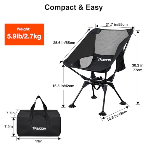 Trakiom 360° Swivel Folding Camping Chairs, Compact and Portable Chair for Outdoor Camp, Foldable Chairs with Anti-Sinking Large Feet for Travel, Beach, Picnic, Sports, Fishing Support 300 LBS(Black)