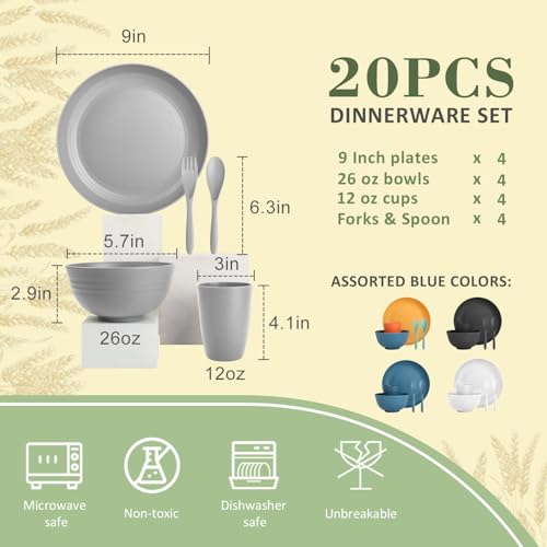 Wrova Wheat Straw Dinnerware Sets of 20,Dishwasher Safe Kitchen Plates and Bowls Sets,Camping Dishes Sets Contains Dinner Plates,Cereal Bowls,Drinking Cups and Flatware.(Grey) - color: Gray, size: 20 Pack