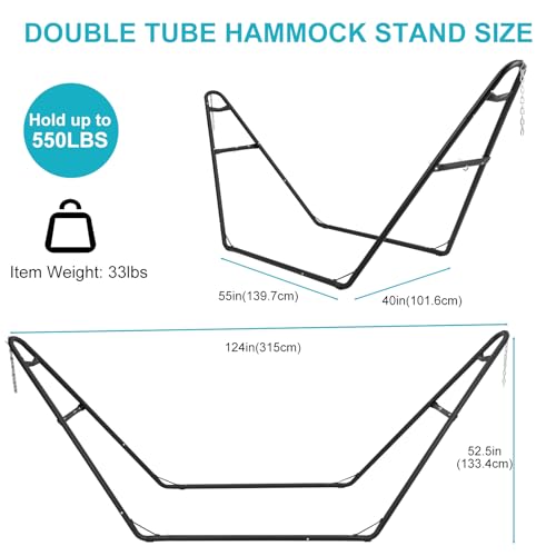 Universal 2 Person Hammock Stand, Heavy Duty Steel Hammock Stand 550 Lbs Capacity, Adjustable Portable Hammock Stand, Fits 9 to 14 Foot Hammocks for Outdoor Indoor with Chain, Hook, and Carrying Bag - size: Large
