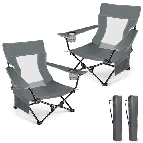HaSteeL Folding Beach Chair Set of 2, Foldable Grey Camping Chairs for Outside, Low Beach Chair Portable for Adults Fishing, Picnic, Outdoor BBQ, Travel, Sports, Cup Holder & Storage Bag - color: Grey Chairs