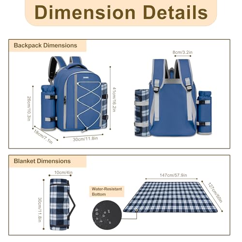 Picnic Backpack for 4 Persons with Insulated Leakproof Cooler Compartment, Cutlery Sets, Wine Holder, Fleece Blanket, Wedding Gifts for Couples, Perfect for Beach, Camping, Hiking, Blue - color: Blue