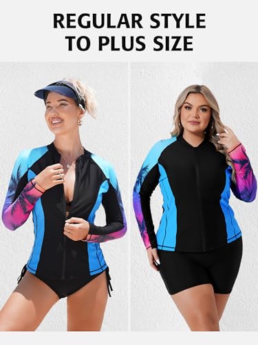 ATTRACO Women's Rashguard Swimsuit Zip Front Sun Protection Swim Shirt UPF 50+ - color: Coconut Tree Gradient, size: Small