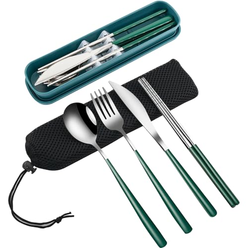 VANRA 4-Piece Portable Travel Utensils Set with Case 18/8 Stainless Steel Flatware Set Reusable Cutlery Set with Fork Spoon Knife Chopstick for Lunch Travel Camping School Work Picnic (Deep Green) - color: Deep Green, size: Fork Spoon Knife Chopstick