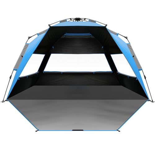 OutdoorMaster Beach Tent with Blackout Shelter Technology, Portable Sun Shade Shelter 4 Person, Pop Up Beach Tents with UPF 50+ UV Protection, 9.5mm Thick Pole, 3 Ventilating Mesh Windows -Blue - color: Blue