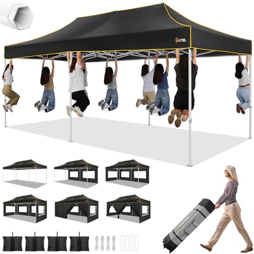 HOTEEL 10x20 Heavy Duty Pop up Canopy Tent with 6 Sidewalls, Easy Setup Outdoor Commercial Instant Tent for Parties Wedding Event, with Roller Bag & Sand Bags, Black(Hexagonal Frame) - color: Black, size: 10x20ft (+6 Walls)
