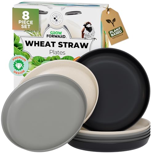 Grow Forward Premium Wheat Straw Plates - 10 Inch Reusable Hard Plastic Dinner Plates Set of 8 - Unbreakable Microwave Safe Plates for Dessert, Camping, RV, Outdoors, Patio, Kitchen Dishes - Moonlight - color: Moonlight, size: 10 inch