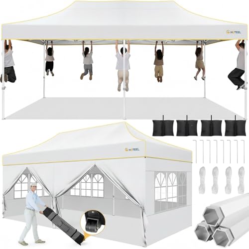 Hoteel 10x20 Pop Up Canopy Tent Heavy Duty with 6 Sidewalls, Waterproof Party Tent, Easy Set-up Commercial Instant Tents with Roller Bag & Sandbags, Hexagonal Leg (1-Year Warranty) - color: White, size: 10×20 （6 Walls）