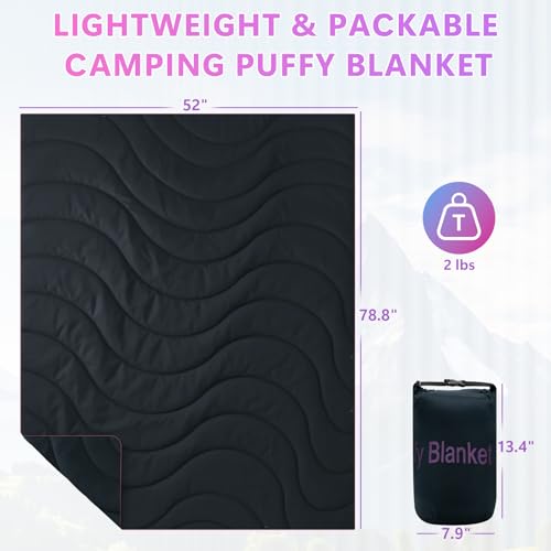 Camping Blanket, Packable Lightweight Down Alternative Puffy Camping Picnic Outdoor Blankets Warm Waterproof Hammock Top Quilt for Sleeping Travel Stadium Hiking Indoor Cold Weather 55"x78.8" - color: Black Blanket