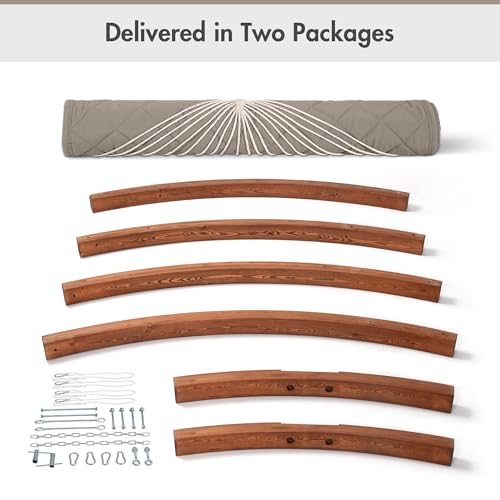 ANOW 13.5FT Curved Wooden Stand with Quilted Hammock, Heavy Duty Larch Wood Arc Stand with 2 Chains, 4 Balance Ropes and 4 Carabiners, Includes Light Brown Hammock with Spreader Bars - color: Light Brown-quilted