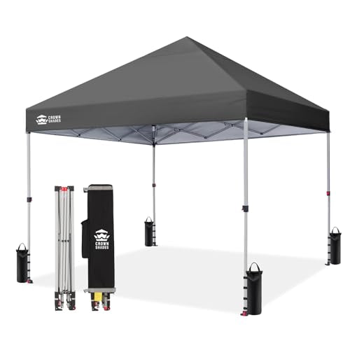CROWN SHADES 8x8 Pop Up Canopy - Beach Tent with One Push Setup - Easy Outdoor Sun Shade for Events, Parties, Camping - Gazebo with STO-N-Go Cover Bag, Silver Coated Top,Grid Grey - color: Grid Grey, size: 8x8