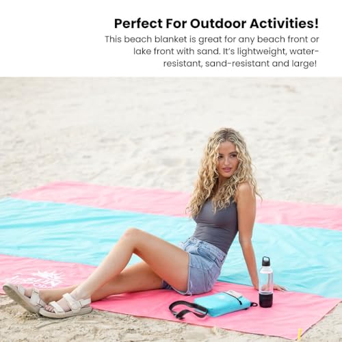 Beach Blanket Sandproof Waterproof, Extra Large Beach Mat, Oversized & Compact Sand Free, Quick Dry Beach Essentials for Vacation, Cruise, Picnic & Camping with Stakes & Extra Zippered Pockets