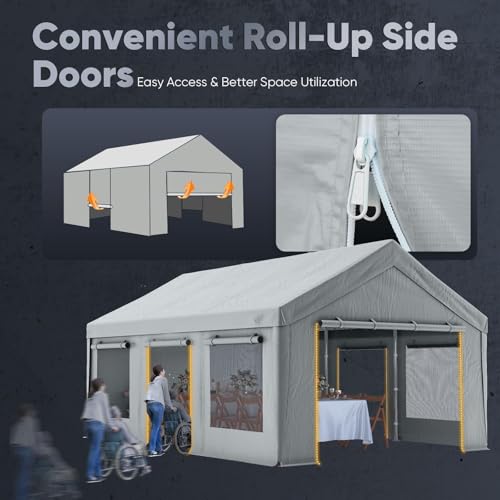 Quictent Heavy Duty 10x20 ft Carports with Side Zipper Doors & Snowproof Steel Cables & Ventilated Windows, Waterproof Storage Shelter for Car, Boat, RV, Outdoor Equipment, Gray - color: Gray, size: 10'x20'