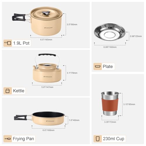 Odoland 15pcs Camping Cookware Mess Kit, Non-Stick Lightweight Pot Pan Kettle Set with Stainless Steel Cups Plates Forks Knives Spoons for Camping, Backpacking, Outdoor Cooking and Picnic - style: Khaki