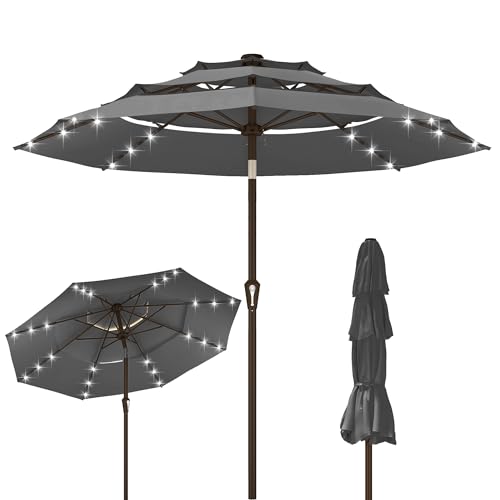 Kingdura 10ft 3-Tier Patio Umbrella with Solar Lights, Table Umbrella Outdoor Patio with Easy Crank & Tilt, 8 Sturdy Ribs, UV Protection, 32 LED Lights for Deck, Poolside, Market (Grey) - color: Grey-LED, size: 10 FT