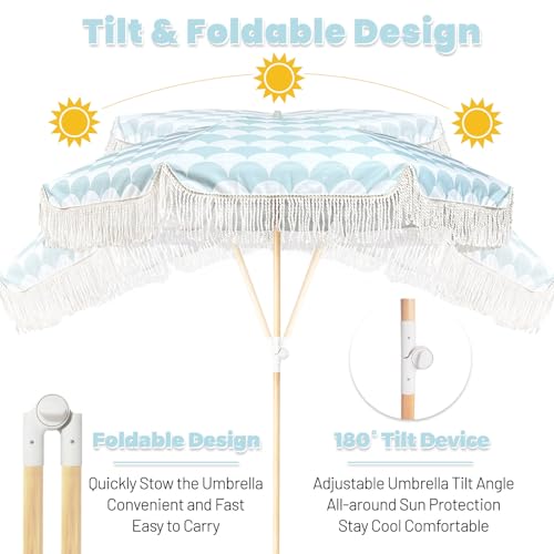 Lefedrasticity Boho Outdoor Umbrella with Tassels,6ft Table Umbrella Outdoor Patio with Knobs Tilt,Wind Resistant Portable Beach Umbrella UPF50+ Fringe Umbrellas For Pool Backyard Deck Garden - color: Green Pattern