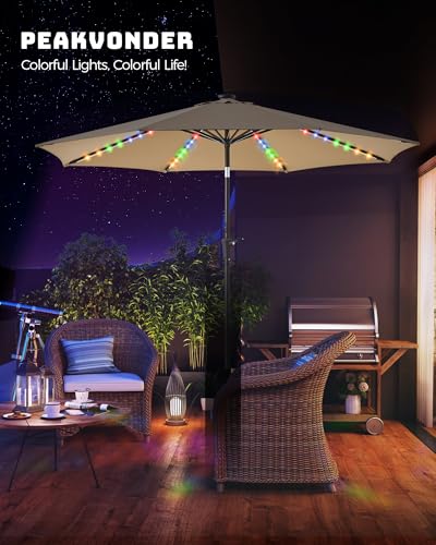 7.5/9/10 ft Outdoor Patio Umbrella with Solar Lights - Small Heavy Duty Beach/Table/Pool/Deck/Market Umbrella, Dual Charging, Tilt, APP & Button Control, UV/Fade-Resistant - color: Tan, size: 7.5 ft