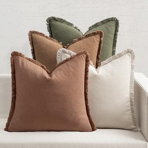 MIULEE Decorative Couch Pillow Covers Neutral Linen Fringe Throw Pillows Set of 4 Soft Rustic Cushions Boho Farmhouse Pillowcases for Bed Sofa Living Room Spring Decor 20x20 Inch Beige/Brown/Green - color: Brown Green, size: 20" x 20" (Pack of 4)