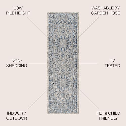 JONATHAN Y Boho Medallion Indoor Outdoor Runner Rug 2X10 Gray/Navy, Rozetta Textured Weave for Backyard, Patio, Porch, Easy-Cleaning, High Traffic, Pet-Friendly, Non-Shedding (SMB102B-210) - color: Gray/Navy, size: 2'2" x 10' (Runner)