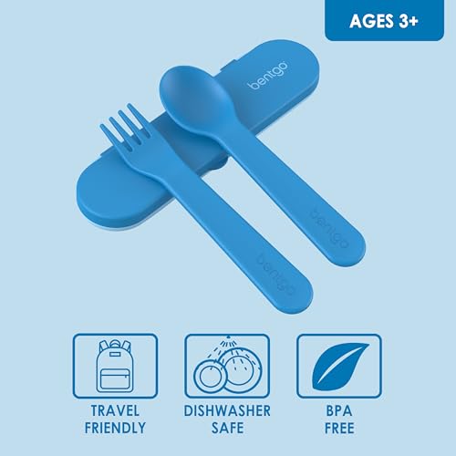 Bentgo Kids Utensil Set - Reusable Plastic Fork, Spoon & Storage Case - BPA-Free Materials, Easy-Grip Handles, Dishwasher Safe - Ideal for School Lunch, Travel, & Outdoors (Blue) - color: Blue
