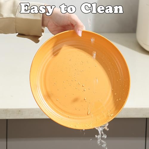 4 Pcs Unbreakable Wheat Straw Plates Set, 7.8 Inch Reusable Plastic Dinner Plates, Microwave Dishwasher Safe, Lightweight Plates for Kitchen Camping, BPA Free (Yellow) - color: Yellow