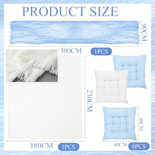 Extra Large Outdoor Picnic Blanket with Table Runner and Floor Pillow Cushion for Picnic Wedding Birthday Baby Shower Backyard Decor(91 x 71'',Light Blue,White,8 Pcs) - color: Light Blue,white