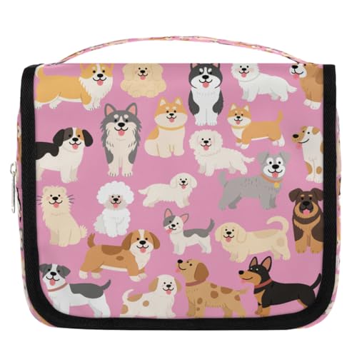 Cartoon Cute Dogs Pattern Kids Toiletry Bag for Girls, Waterproof Hanging Makeup Organizer Travel Cosmetic Bag with Hook, Portable Toiletries Case for Sleepovers School Vacations - color: Cartoon Cute Dogs Pattern
