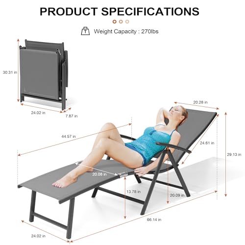 Crestlive Products Chaise Lounge Chair Outdoor Set of 2, Aluminum Folding Patio Recliner Chair, Adjustable 8 Positions Assemble-Free Perfect for Beach, Yard, Pool, Deck - color: Grey, size: 2 Pcs