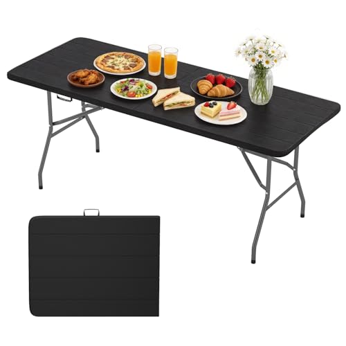 BestOffice 6 FT Picnic Table, Portable Plastic Folding Table with Carrying Handle Perfect for Picnics, Parties, Party and Camping, Black Wood Grain - color: Black Wood Grain, size: 6 FT 70"x28"