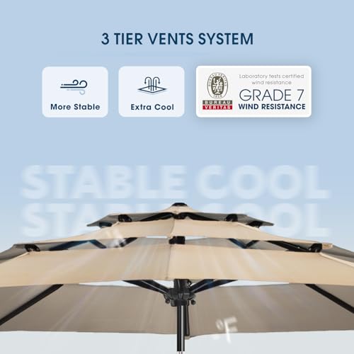 wikiwiki 9ft 3-Tier Patio Umbrella Outdoor Table Market Umbrella for Patio with Push Button Tilt/Crank, Fade Resistant Waterproof POLYESTER Canopy for Garden, Lawn, Deck, Backyard & Pool, Beige - color: Beige, size: 9 FT