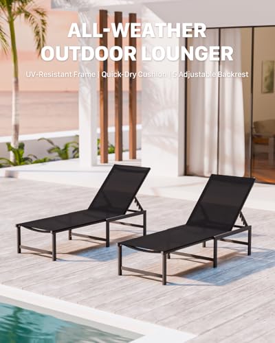 Chaise Lounge Chair Outdoor,Aluminum Patio Lounge Chairs,Lounge Chairs with 5 Adjustable Backrest for Outside Beach Lawn and Backyard,Black - color: Black, size: 1 Chair